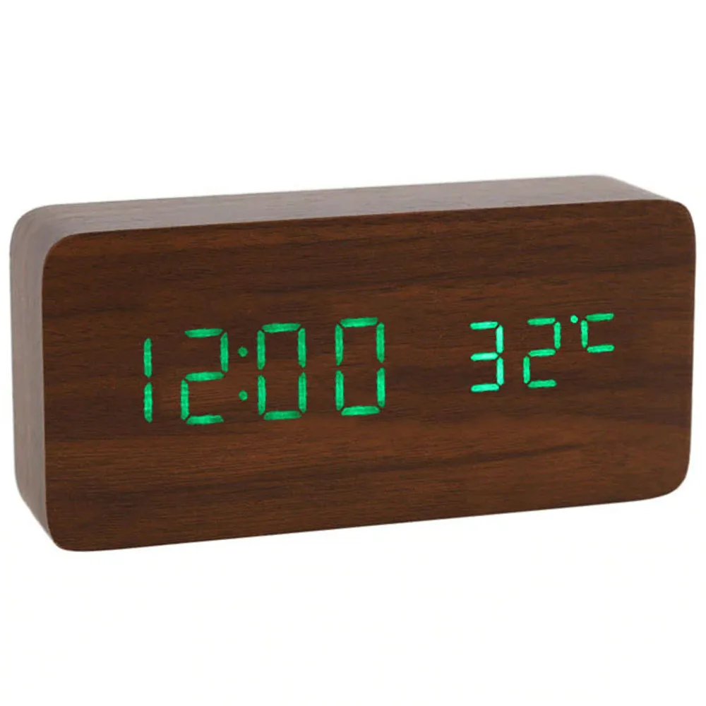 Светодиодный Будильник с голосовым управлением, цифровой термометр с деревянной подсветкой, деревянные ретро светящиеся часы, настольные светящиеся будильники - Цвет: Green Number Brown