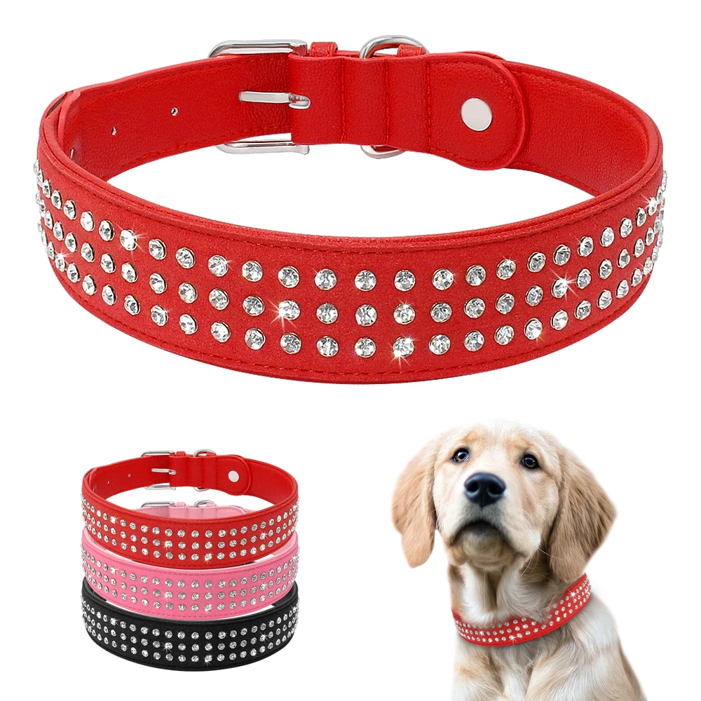 

Bling Rhinestone Dog Collar Adjustable Crystal Diamond Leather Collar Perro For Meidum Large Dogs Black Red M/L/XL