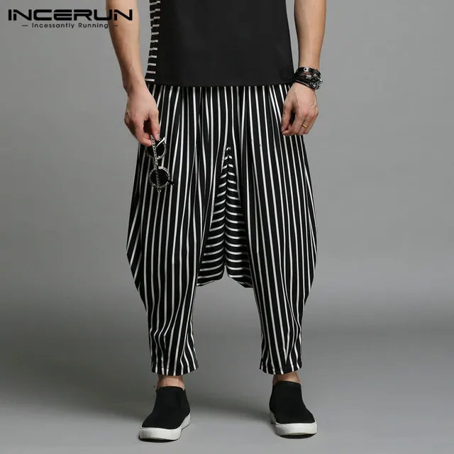 INCERUN Japan Style S-5XL Cross-pants Men Irregular Striped Patchwork Harem Pants Men’s Trousers Big Male Drop Crotch Plus Dance