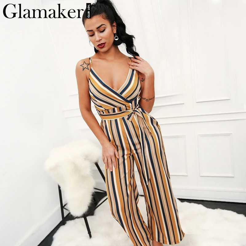 Glamaker Sexy multi striped wrap high waist jumpsuit romper Women loose belt long summer playsuit Female strap overalls|jumpsuits rompers