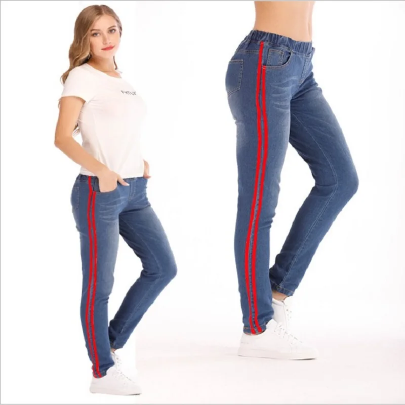 High Waist Jeans Woman Side Striped Patchwork Skinny Jeans All Matched Casual Pants Brief Slim Winter Boots Jeans Plus Size 5XL High Waist Jeans Woman Side Striped Patchwork Skinny Jeans All Matched Casual Pants Brief Slim Winter Boots Jeans Plus Size 5XL