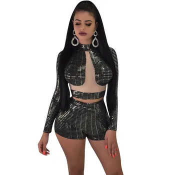 

Autumn Winter Sexy Sequin Black Two Piece Sets Women Patchwork Sheer Mesh Crop Top and Shorts Set Nightclub Matching Set Outfits