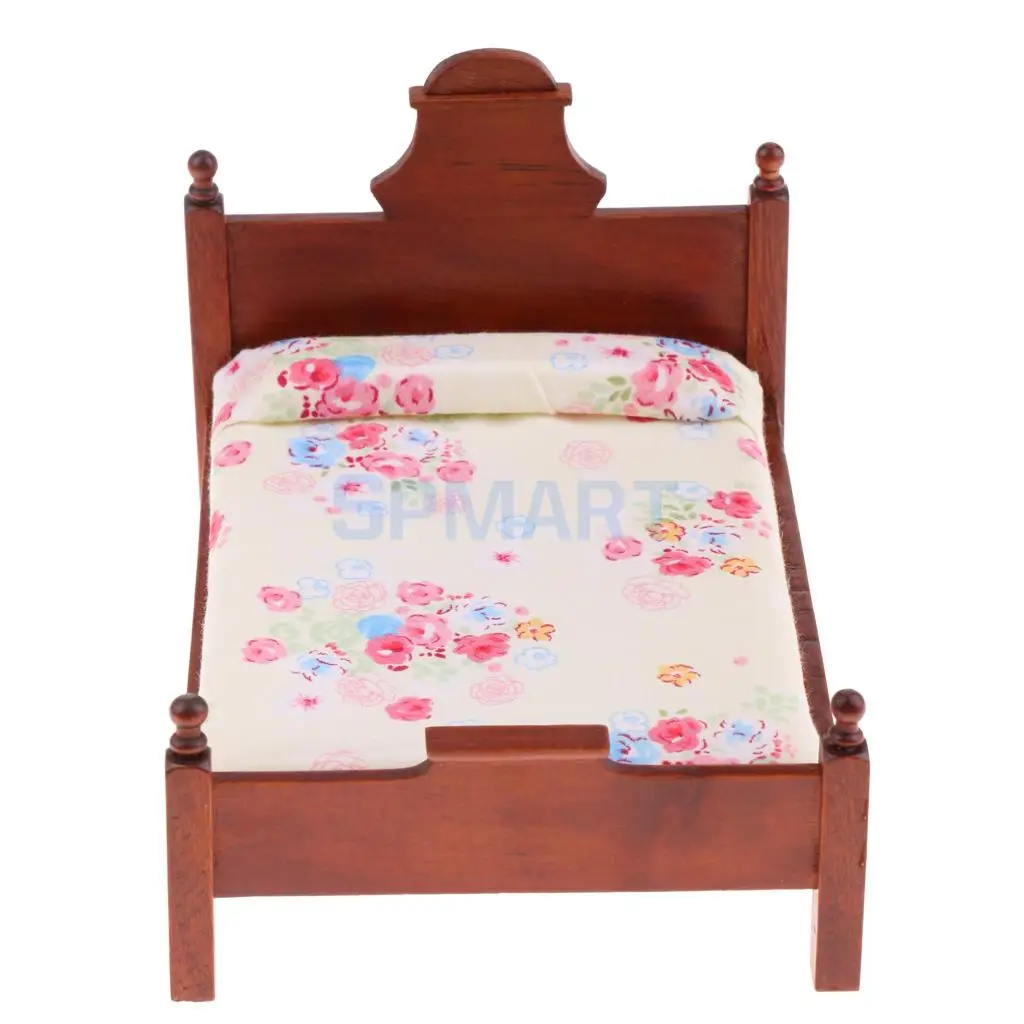 1/12 Scale Dollhouse Miniature Bedroom Furniture Floral Double Bed for 12th Dolls House Decoration Accessories