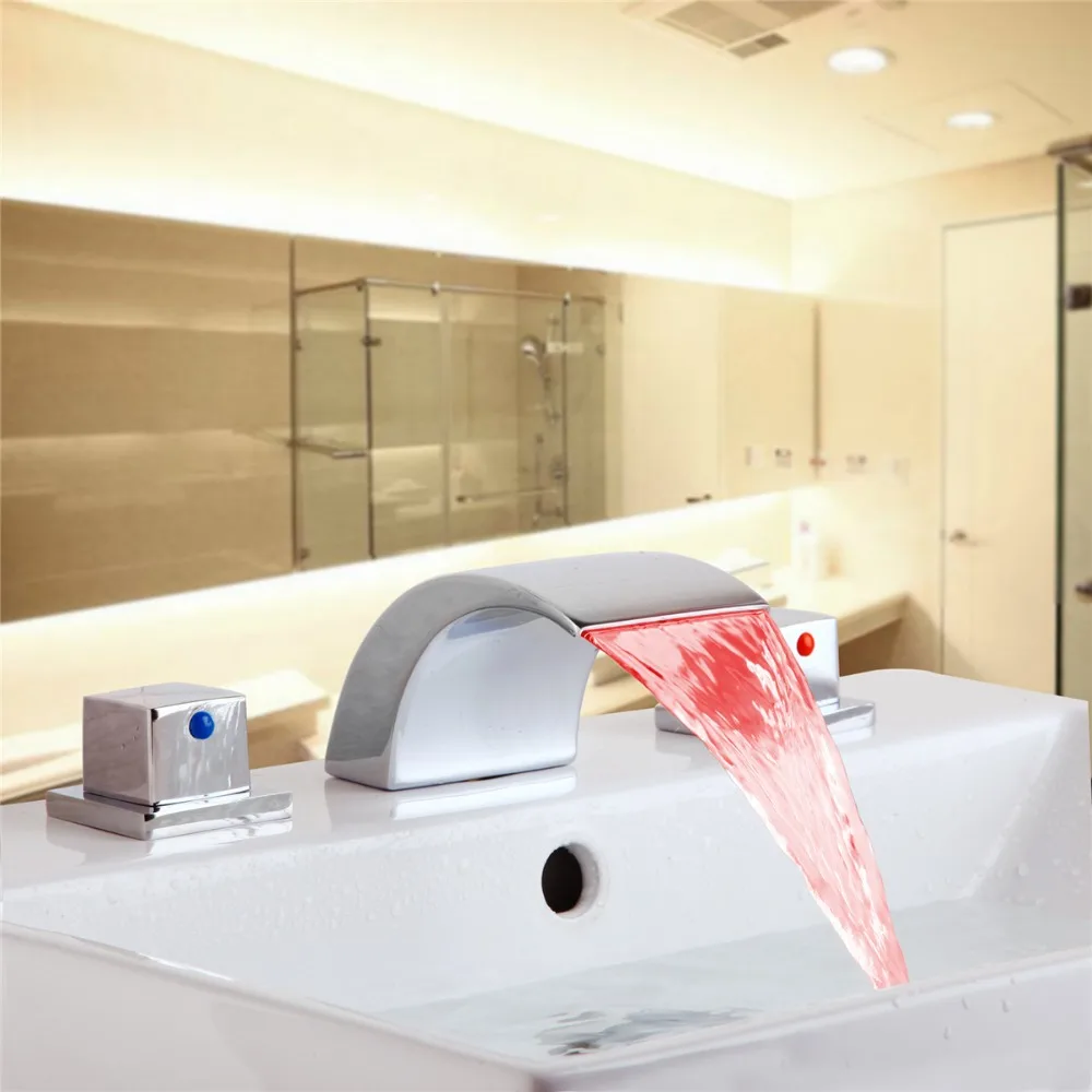 

Modern Tap Brightness LED Waterfall Kitchen Bathroom Basin Sink Faucet Deck Mounted Hot &Cold Mixer Tap