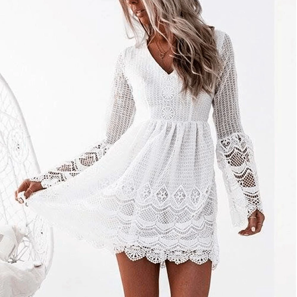 

Tosheiny 2019 Women Sexy V Neck Long Sleeve Cross Hollow Out Dresses Female Lace Solid Color Mini elegant Bodycon Dress TH8251