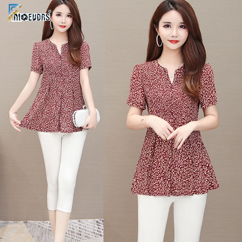 

Tunic Tops Woman Fashion Summer Elegant Office Lady Floral Printed Red Plus Size Chiffon Top Blouse Shirts 5XL 4XL 3XL J127