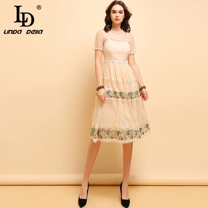 

LD LINDA DELLA Summer Fashion Dress Women's Short Sleeve Mesh Flower Embroidery High Waist Sweet Casual Holiday Midi Dresses