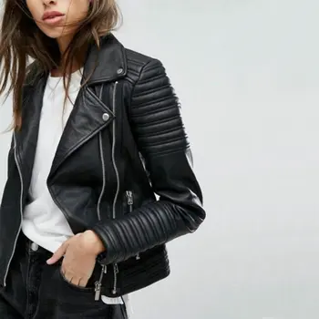 2021 New Fashion Women Motorcycle Faux Leather Jackets Ladies Long Sleeve Autumn Winter Biker Zippers Streetwear Black Coat 1