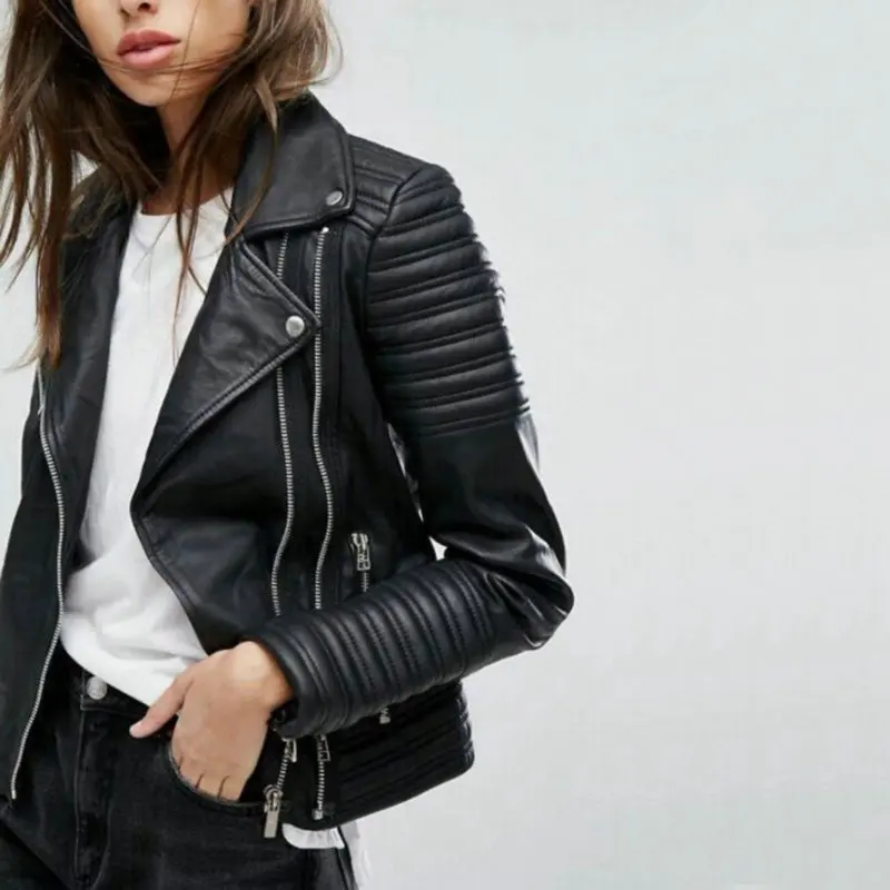 Comprar 2019 nueva moda mujer suave motocicleta Faux cuero chaquetas señoras manga larga Otoño Invierno motociclista Streetwear negro abrigo