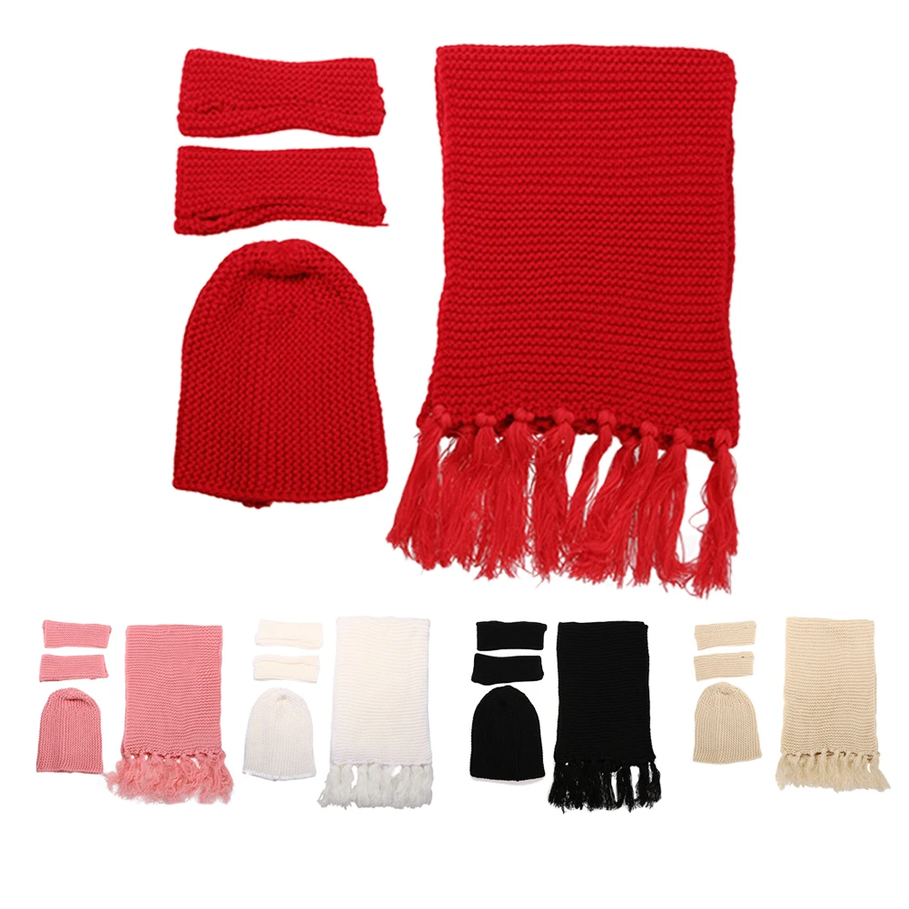 Толстая акриловая зимняя женская вязаная шапка, шарф, перчатки, набор для улицы, бини зимняя теплая одежда для девочек, комплект из 3 предметов, одноцветная шапка, шарф, перчатки