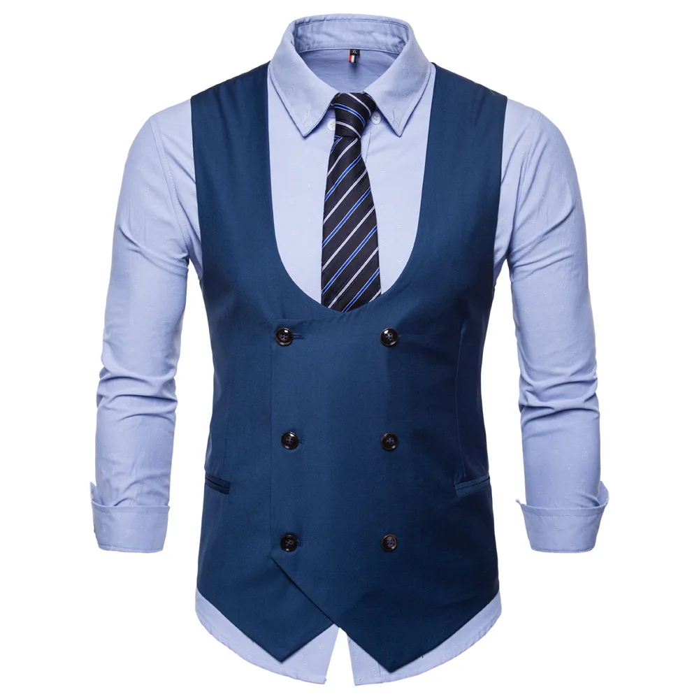 

2019 New Men's Leisure U-Collar Suit Vest Pure Double-breasted Male Colorful Casual Blazer Waistcoat Men Slim British Style 4XL