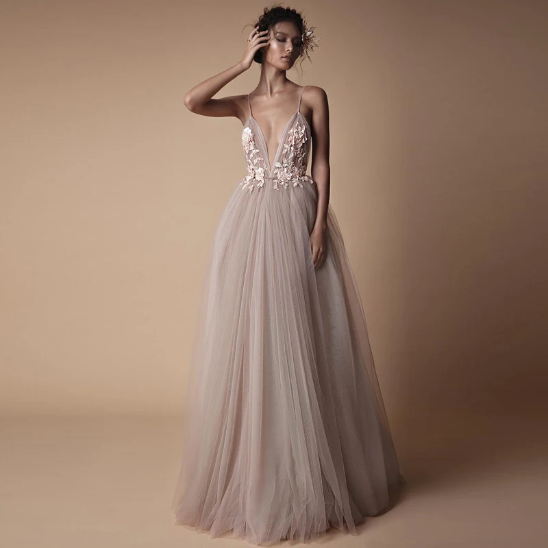 

2018 Fashion Tulle Long Prom Gowns Sexy See Through V Neck Spaghetti Backless Evening Wear Fashion Women Party Dress Custom Made