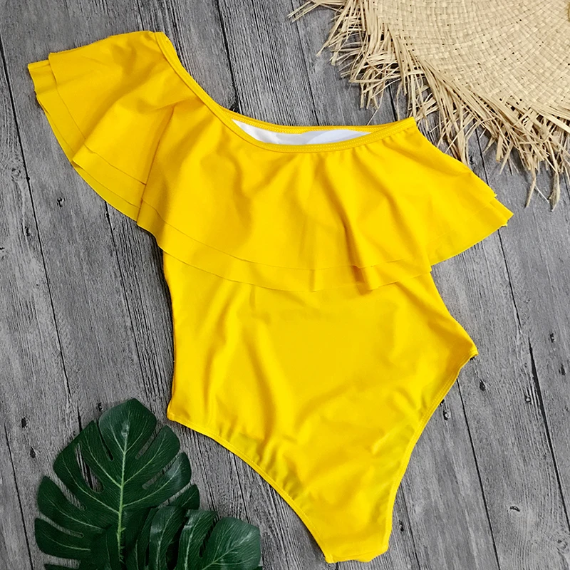 Сексуальные цельные желтые слитные купальники для женщин на одно плечо женские купальники с эффектом пуш-ап боди пляжная одежда