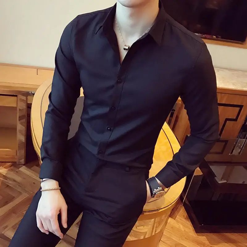 Однотонные с длинным рукавом, Облегающая рубашка-смокинг Однобортный Корейская одежда Для мужчин уличной тренировки офисная рубашка Для мужчин формальные XXXL - Цвет: Black Tuxedo Shirt