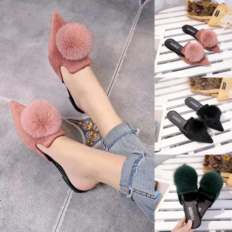 

SAGACE Shoes Flip flops summer Fashion Solid Color Hair Ball Pointed Toe Flat heel Sandals Slipper casual shoes women 2018JU12