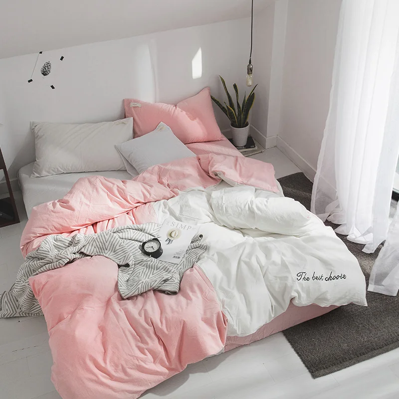 

Pink Solid White Stitching Pattern 100% Cotton Bedding Full/King/Queen/Size+Duvet Cover 14 Kinds Of Styles Optional Home Textile