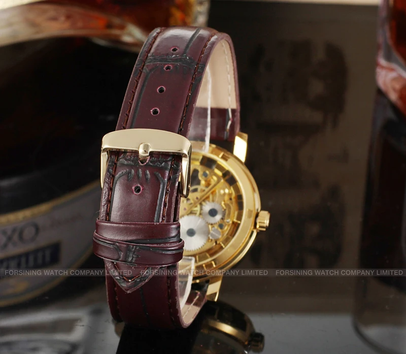 Factory Directly Deep Red Band Golden Mens Skeleton Watches T-winner For Sale