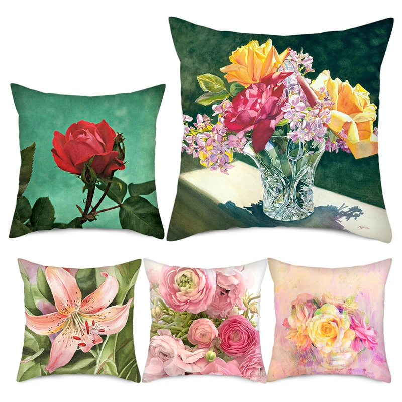 Best Fuwatacchi Oil Painting Flowers Printed Cushion Cover Decorative Pillow Case Sofa Seat Case Car Pillowcase Soft Pillow Case