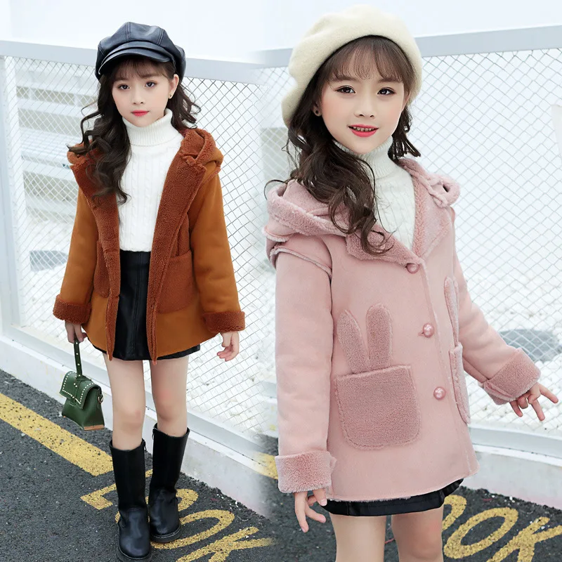 

Kids Spring Winter Suede Fabric Coat Pink Brown Cartoon Cute Jacket Hooded Warm Coats for Girls3-10Year Fashion Designer Clothes