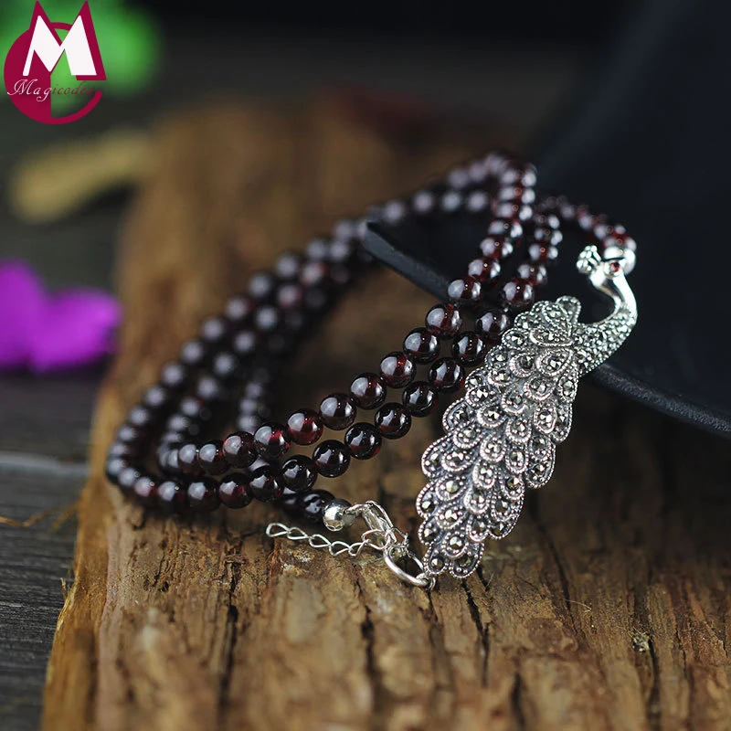 

Elegant Handmade Peacock Bracelet For Women Natural Garnet Beads Long Chain 925 Sterling Silver Jewelry Ethnic Animal Gifts SB34