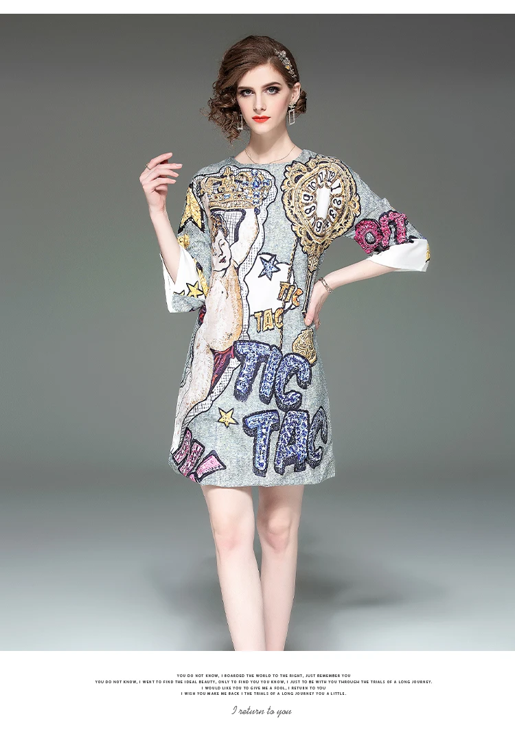 Летнее подиумное дизайнерское короткое платье женское элегантное с круглым вырезом Корона Ангел письмо напечатано свободно Талия винтажное платье А-силуэта