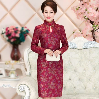 

High Quality Free Shipping New Spring Autumn Women Work Wear Fashion Dress Middle Aged Long Sleeve Wedding Cheongsam Mother