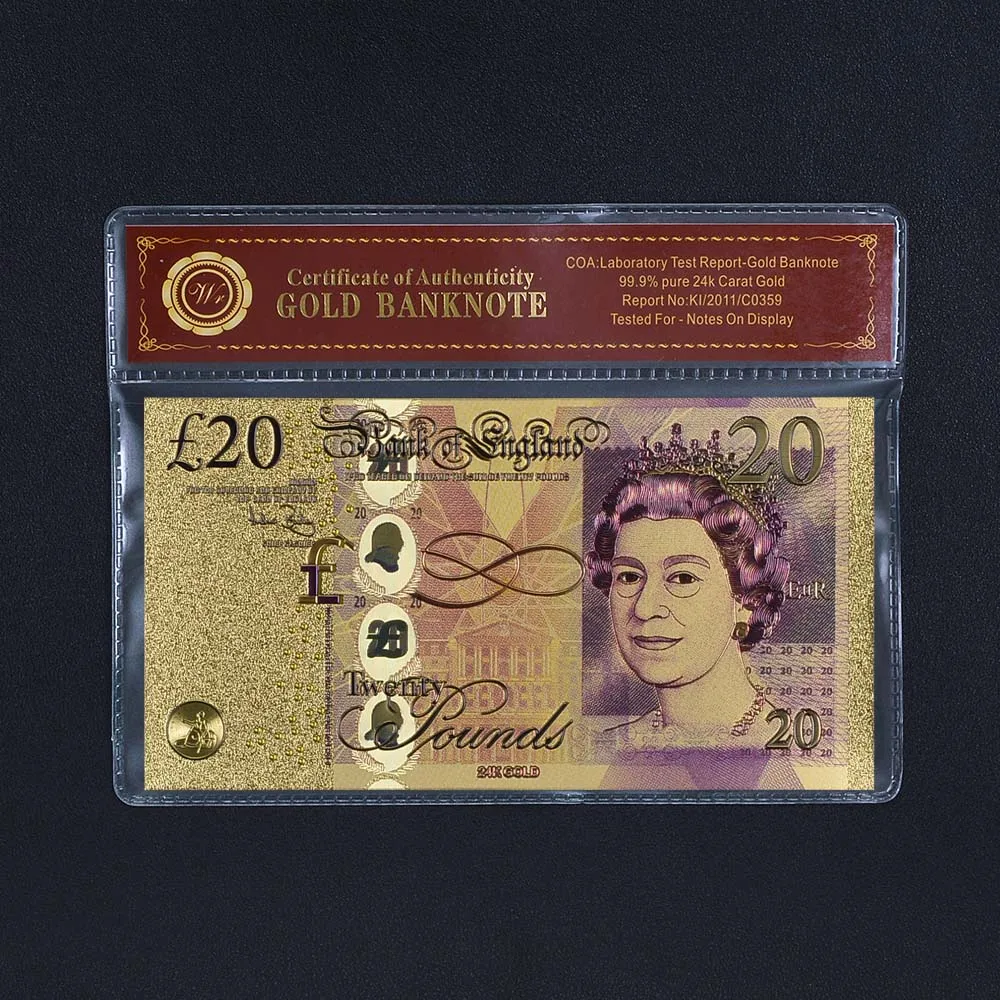WR UK Pound 50 24K позолоченный Красочный Подарок для рукоделия 20 фунтов чистое золото банкноты для красивого украшения и ценной коллекции - Цвет: 20 Pounds with COA