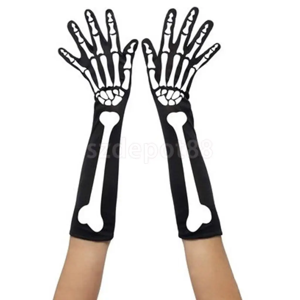 Панк готический Белый скелет Хэллоуин длинная рука теплые перчатки без пальцев
