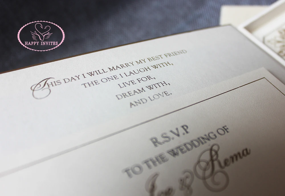 HI1180-11 High Grade Ivory Hardcover Box Invites with Clear Acrylic Invitation with Gold & Black Printing Made in China