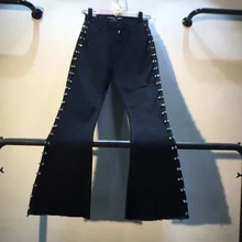 Новая сторона тяжелой промышленности просверленные высокой талией тонкие эластичные роговые Джинсы женские s брюки