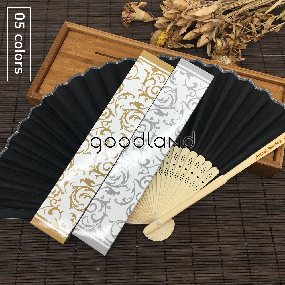  Free Shipping 30pcs Hot Sell Personalized Fabric Folding Held Hand Fan with Gold Silver Gift Box fo - 32804520313