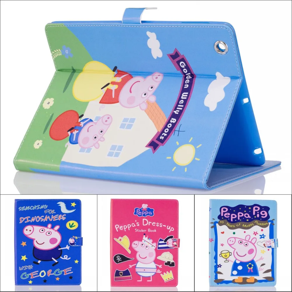

Fashion Cute cartoon Peppa Pig Pu Leather stand holder smart case cover for iPad AIR with screen protector