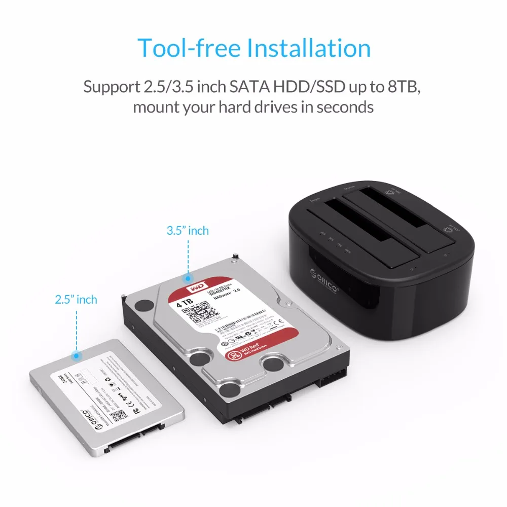 ORICO 2,5/3,5 дюйма док-станция для жесткого диска USB3.0 1 к 1 клон Dual-bay HDD и SSD жесткий диск Док-станция-черный(6228US3-C