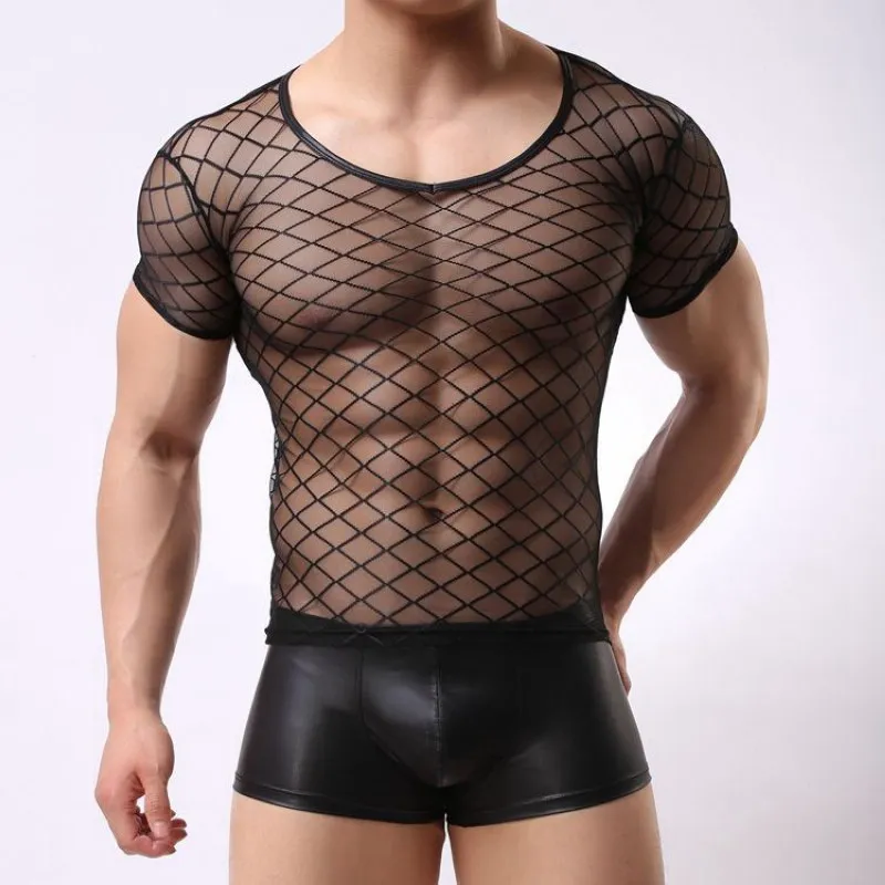 Сексуальный мужской Ромбический сетчатый с короткими рукавами прозрачный Тонкий Повседневный решетчатый ночной клуб эротическая одежда K42