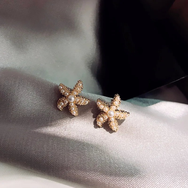 

MENGJIQIAO 2019 Korean Holiday Sea Cute Simulated Pearl Starfish Stud Earrings For Women Sweet Elegant Oorbellen Jewelry Gifts