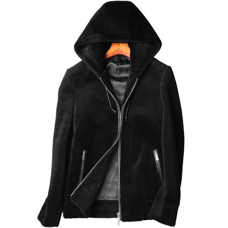 

2019 new leather men's hooded fur jacket sheep sheared men's fur one coat HN218