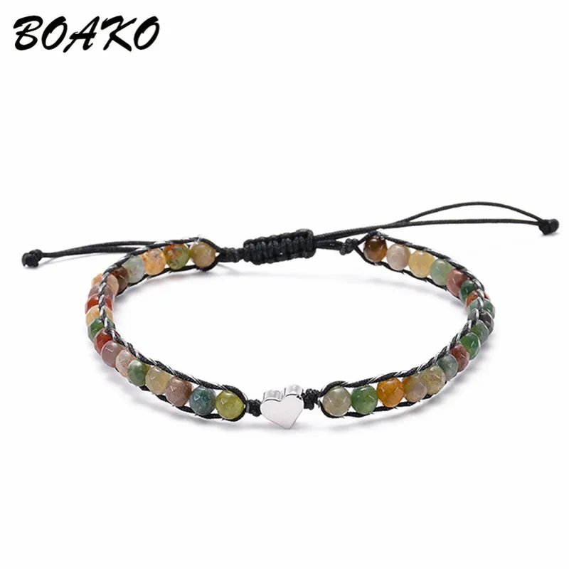 

BOAKO Fashion 4MM Natural Stone Bracelet for Women Men Indian Agate Beaded Yoga Bracelets Bangles Adjustable Rope Chain Bracelet