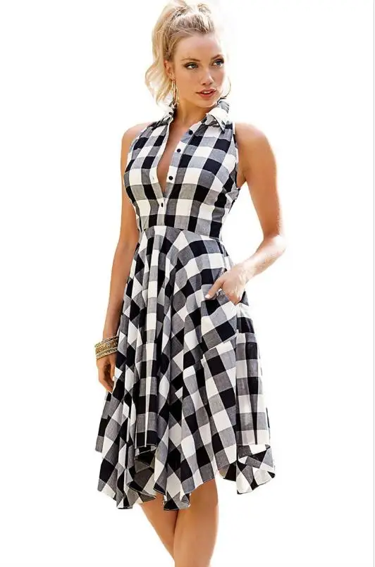 

New summer women Dress Flared Plaid Shirtdress Explosions Leisure Vintage Dresses knee-length casual shirts dress Vestidos