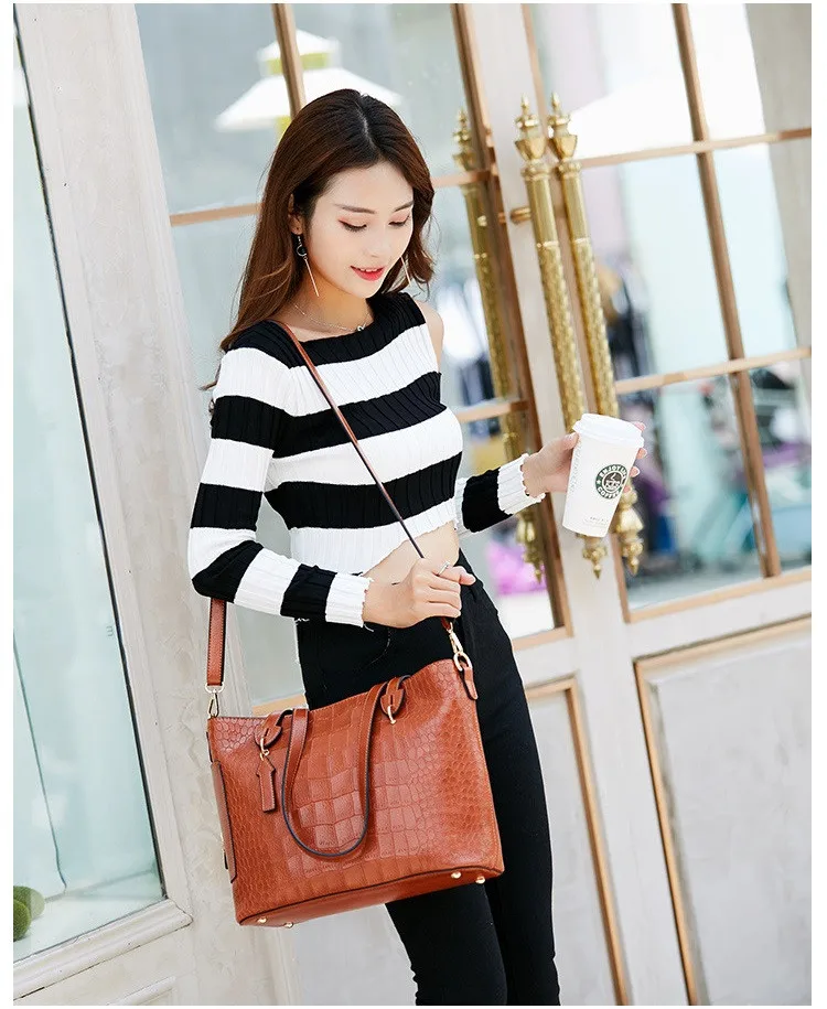 MJ Women Shoulder Bag Female Large PU Leather Women Handbag Crocodile Patterned Leather Tote Big Crossbody Handbag Messenger Bag (8)