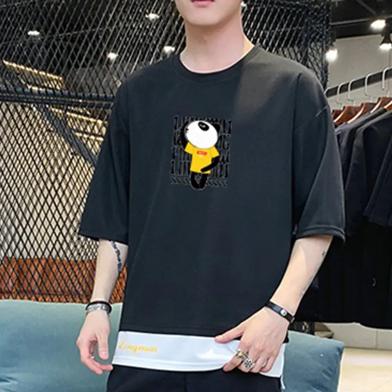 

Fake Two Pieces Male Half Sleeve T-Shirt Funny Printing Men's T-Shirts O-Neck Black White Gray Khaki Blue Mens Tee Shirt