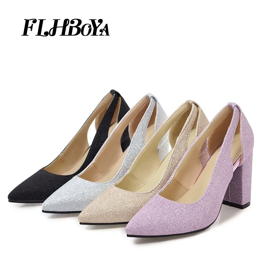

Summer Women Fashion Bling Square Hoof Heel Pumps Mary Janes Shoe Woman Black High Block Heels Slip-on Pointed Toe Ladies Shoes
