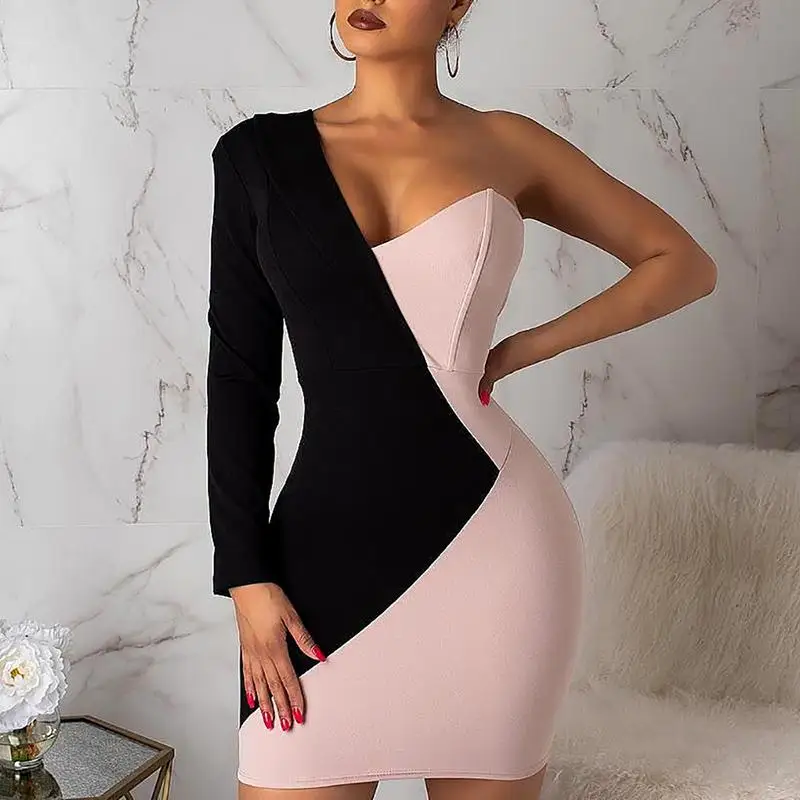 

One Shoulder Elegant Work Dress 2019 Summer New Long Sleeve Backless Business Bandage Dress Office Ladies Color Block Mini Dress