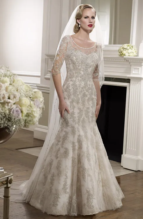 Long Champagne Color Lace Wedding Dress