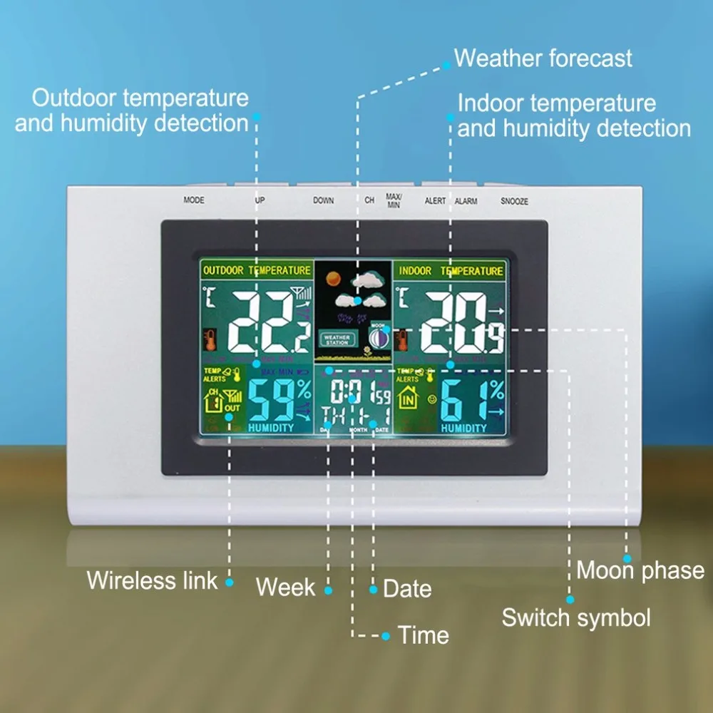 Беспроводная метеостанция с внутренним дистанционным цифровым ЖК-датчиком цвета термометр Повтор часы рассвет закат дисплей