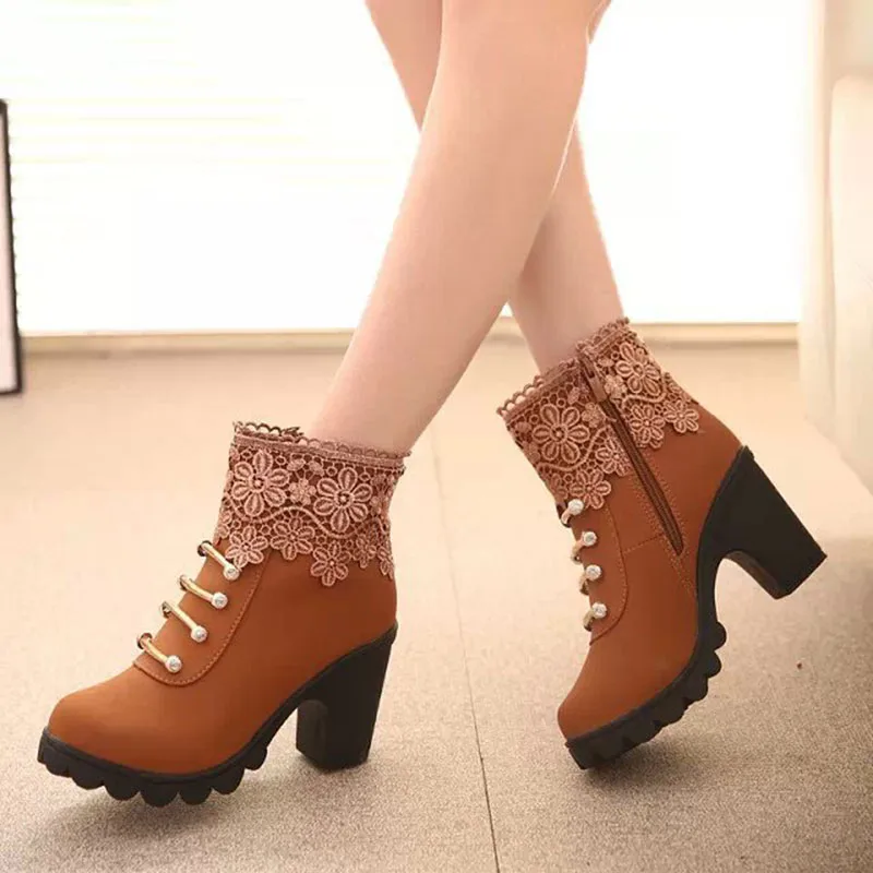 

Fashion Women Lace up Faux Fur Leather Platform Square High Heel Boot Fleece Lined European And American 2017 New Style Shoes Sh