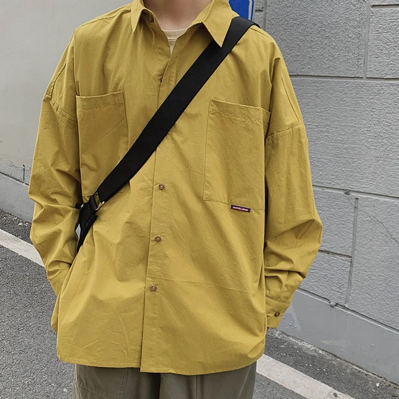 LAPPSTER Мужская Уличная рубашка Харадзюку карго Повседневная винтажная рубашка на пуговицах корейская модная Свободная рубашка цвета хаки с длинным рукавом - Цвет: Yellow