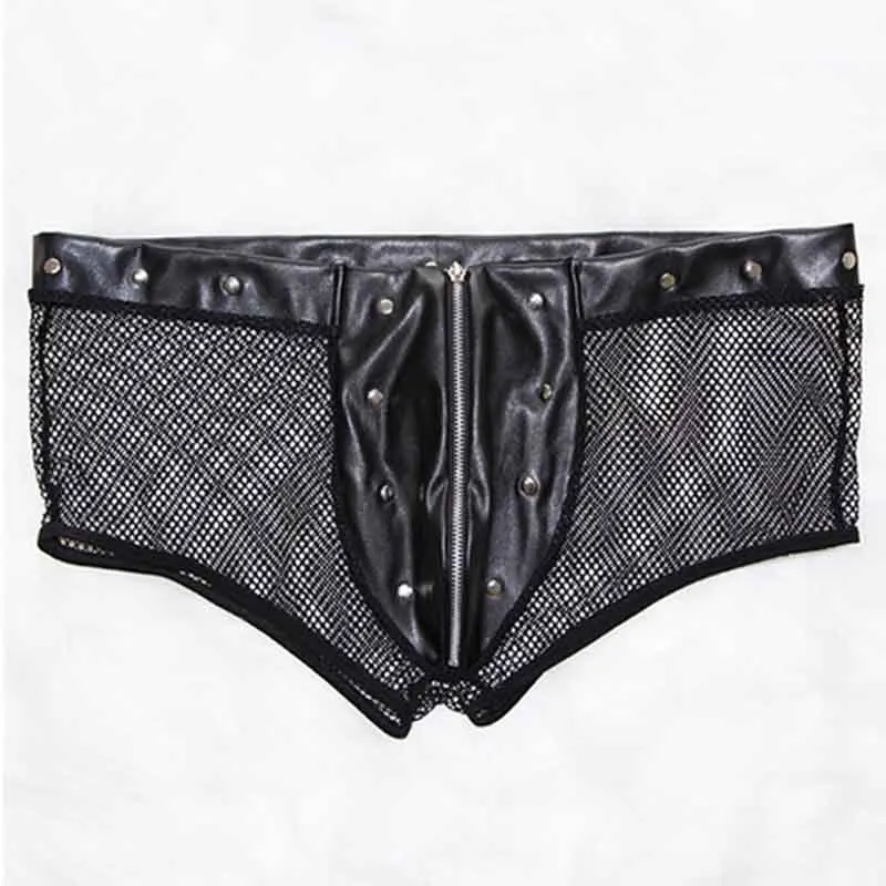 Erotic Lingerie For Mens Underpants Black Leather Fishnet Boxer Shorts Men’s Underwear Gay Fetish Punk Stud Zipper Sexy Boxer   (6)