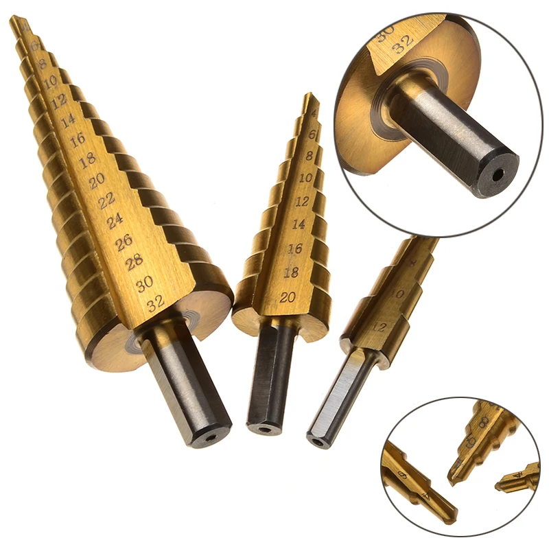 3pcs 4 12/4 20/4 32mm HSS Large Step Cone Triangle Shank Drill Bits For Metal Drilling Titanium