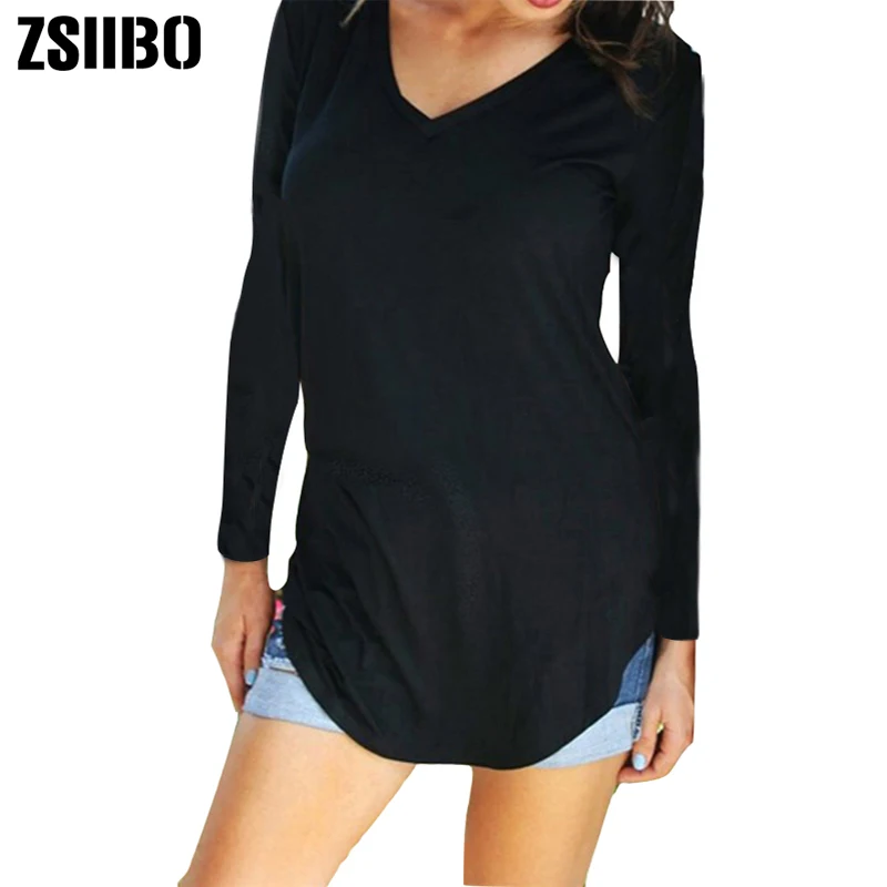 ZSIIBO, осенняя, зимняя футболка, большие размеры, женская футболка, одноцветная, v-образный вырез, длинный рукав, закругленный подол, длинная футболка, повседневный Топ, Женская туника