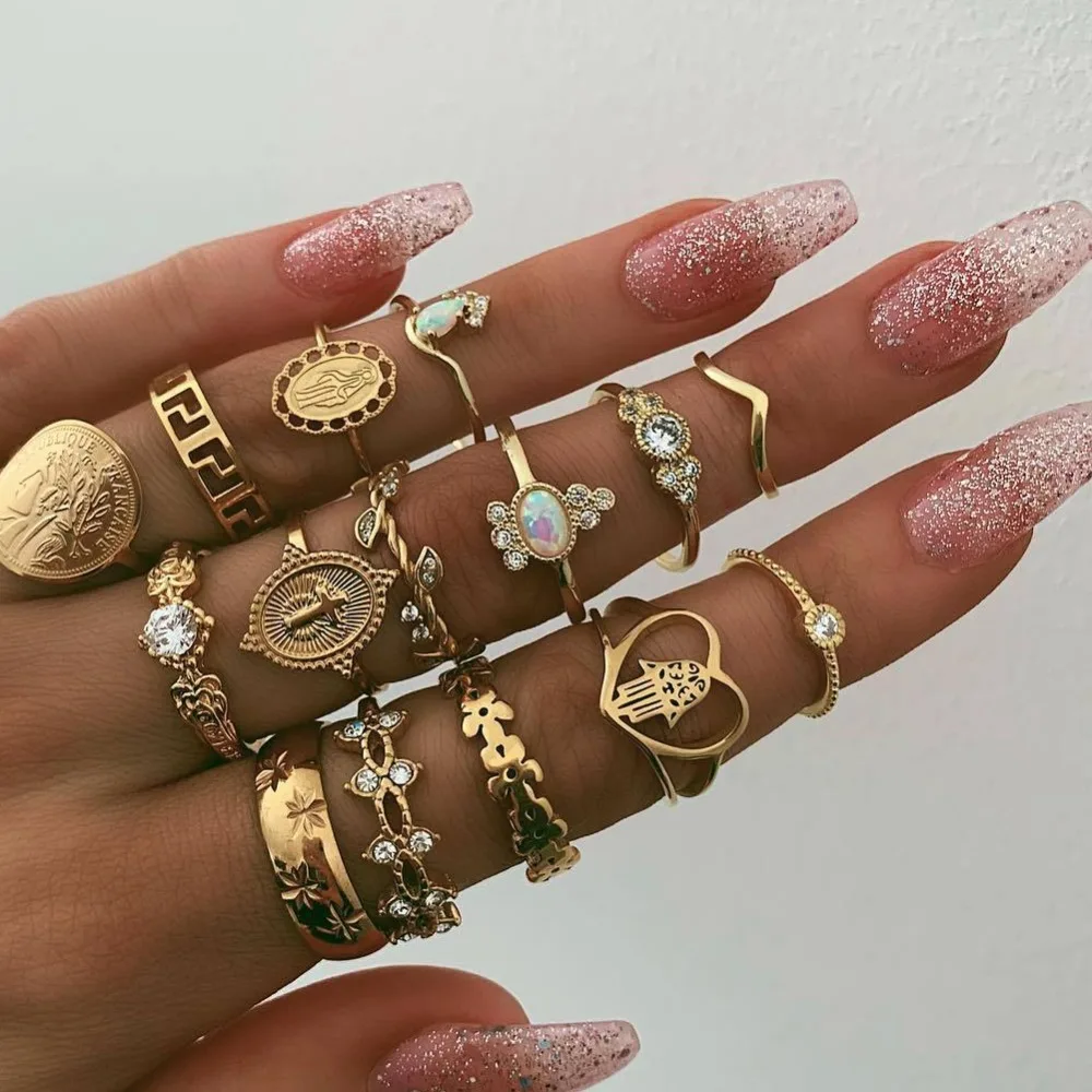 15Pcs/set Women Fashion Rings Hearts Fatima Hands Mary Cross Leaf Hollow Geometric Crystal Ring Set Wedding Jewelry | Украшения и